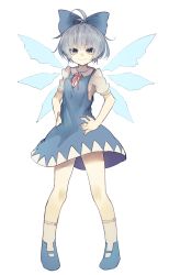 Rule 34 | 1girl, ahoge, antenna hair, blue dress, blue eyes, blue footwear, blue hair, cirno, closed mouth, dress, dress shirt, hair ornament, hair ribbon, hands on own hips, highres, ice, ice wings, legs apart, looking at viewer, mary janes, matching hair/eyes, neck ribbon, puffy sleeves, red ribbon, ribbon, riuichi, shirt, shoes, short hair, short sleeves, simple background, smile, socks, solo, standing, touhou, white background, white socks, wings