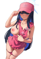 Rule 34 | absurdres, angel, apron, baseball cap, black hair, blue archive, blue hair, breasts, breasts out, clitoris, collarbone, decensored, ett, fingernails, frilled apron, frills, hat, heart, highres, korean text, lactation, large breasts, looking at viewer, multicolored hair, naked apron, name tag, nipples, panties, panty pull, pink apron, pink nails, pussy, pussy juice, pussy juice trail, saori (blue archive), simple background, sleeveless, sweat, sweatdrop, tagme, third-party edit, translation request, uncensored, underwear, white background