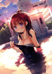 Rule 34 | 1girl, absurdres, bare shoulders, blush, breasts, building, chain-link fence, cleavage, clothes pull, cloud, collarbone, dutch angle, fence, hair ribbon, highres, kantoku, looking at viewer, one-piece swimsuit, one-piece swimsuit pull, original, ponytail, pool, purple eyes, red hair, reflection, ribbon, scan, school swimsuit, sky, smile, solo, stairs, starting block, sunlight, sunset, swimsuit, vanishing point, wading, water, wet, wet hair