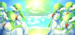Rule 34 | 6+girls, absurdres, areola slip, ashraely, beach, bikini, blue sky, bob cut, breasts, cleft of venus, clitoral hood, clitoris, closed mouth, collarbone, colored skin, creatures (company), day, female focus, game freak, gardevoir, gen 3 pokemon, green bikini, green hair, green skin, groin, hair over one eye, hand on own knee, hand up, happy, head tilt, highres, horizon, huge breasts, knee up, large areolae, large breasts, looking at viewer, multicolored skin, multiple girls, navel, nintendo, nipples, ocean, open mouth, outdoors, pokemon, pokemon (creature), pussy, red eyes, sand, shiny skin, short hair, sitting, sky, smile, spread legs, standing, stomach, string bikini, sun, sunlight, swimsuit, thick thighs, thighs, two-tone skin, uncensored, water, white skin, wide hips
