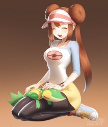 Rule 34 | 1girl, :d, absurdres, black pantyhose, breasts, brown hair, closed eyes, commentary request, creatures (company), dated, double bun, doughnut hair bun, full body, game freak, gen 5 pokemon, hair bun, highres, maydaykiki, medium breasts, nintendo, on lap, open mouth, pantyhose, pantyhose under shorts, pokemon, pokemon (creature), pokemon bw2, pokemon on lap, raglan sleeves, rosa (pokemon), shoes, short shorts, shorts, signature, sitting, smile, sneakers, snivy, teeth, tongue, twintails, upper teeth only, visor cap