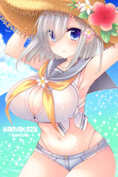 Rule 34 | 10s, 1girl, armpits, arms up, blue eyes, blush, breasts, character name, cleavage, cleavage cutout, clothing cutout, collarbone, covered erect nipples, curvy, earrings, female focus, flower, gradient background, groin, hair flower, hair ornament, hair over one eye, hairclip, hamakaze (kancolle), hat, jewelry, kantai collection, large breasts, looking at viewer, midriff, nature, navel, ocean, open mouth, parted lips, pocopoco, shirt, short hair, short shorts, shorts, silver hair, solo, tied shirt, wide hips
