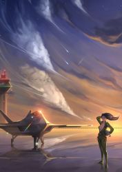 Rule 34 | 1girl, aircraft, airplane, arm behind head, backlighting, bad id, bad pixiv id, bird, breasts, brown hair, canopy, cleavage, cloud, cloudy sky, cockpit, collarbone, control tower, dusk, f-35, f-35 lightning ii, fighter jet, floating hair, unworn headwear, helmet, unworn helmet, holding, holding helmet, jet, long hair, looking at viewer, michael.r, military, military vehicle, no bra, open clothes, original, outdoors, pilot, pilot suit, reflection, shooting star, sky, solo, standing, star (symbol), sunset, vehicle focus, water, wind