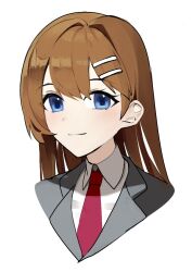 Rule 34 | 1girl, black jacket, blue eyes, brown hair, closed mouth, collared shirt, hair ornament, hairclip, hi i dubu, hod (project moon), jacket, lobotomy corporation, long hair, necktie, portrait, project moon, red necktie, shirt, simple background, solo, very long hair, white background, white shirt, wing collar