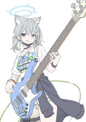 Rule 34 | 1girl, :d, :q, alternate costume, alternate hairstyle, animal ear fluff, animal ears, bass guitar, black choker, black jacket, black mask, black wristband, blue archive, blue eyes, blue halo, blue nails, blush, bracelet, bright pupils, choker, clothes around waist, collarbone, cross, cross hair ornament, earrings, electric guitar, extra ears, green nails, grey hair, guitar, hair ornament, halo, highres, instrument, inverted cross, jacket, jacket around waist, jewelry, kazusa (band) (blue archive), kazusa (blue archive), looking at viewer, masabodo, mask, mask lift, mismatched pupils, mouth mask, multicolored nails, music, open mouth, playing instrument, ponytail, print shirt, ring, shiroko (blue archive), shirt, shirt tucked in, short sleeves, shoulder strap, simple background, skirt, smile, solo, stud earrings, thigh strap, tongue, tongue out, white background, white pupils, white shirt, white skirt, wolf ears, wolf girl, yellow nails
