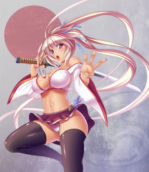Rule 34 | 1girl, :o, bare shoulders, black thighhighs, breasts, cleavage, covered erect nipples, dark-skinned female, dark skin, detached sleeves, double v, female focus, hair ribbon, katana, large breasts, leg up, long hair, midriff, navel, off shoulder, open mouth, original, panties, pantyshot, pink eyes, pink hair, pink panties, red eyes, ribbon, skirt, solo, sword, takanashi-a, thighhighs, twintails, underwear, upskirt, v, very long hair, weapon, white panties, wind, wind lift