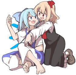 Rule 34 | 2girls, ascot, barefoot, blonde hair, blue bow, blue eyes, blue hair, blush stickers, bow, brown footwear, cirno, collared shirt, fairy, frilled skirt, frills, hair bow, hair ribbon, ice, ice wings, long sleeves, multiple girls, open mouth, red ascot, red eyes, red ribbon, red skirt, red vest, ribbon, rumia, shinmon akika, shirt, shoes, short hair, short sleeves, simple background, skirt, smile, touhou, vest, white background, white shirt, wings