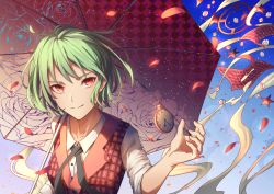 Rule 34 | 1girl, alternate costume, buttons, closed mouth, collared shirt, commentary, floral print, green hair, hand up, highres, kazami yuuka, looking at viewer, over shoulder, petals, plaid, plaid vest, pocket watch, print umbrella, red eyes, red vest, shirt, short hair, sidelocks, sleeves rolled up, solo, symbol-only commentary, touhou, umbrella, upper body, vest, watch, white shirt, wind, wing collar, yangsan (2991076090)