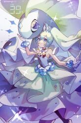Rule 34 | 1girl, aurorus, bare arms, blue eyes, closed mouth, commentary request, creatures (company), crossover, dress, game freak, gen 6 pokemon, gloves, green hair, hair ornament, hatsune miku, highres, holding, long hair, nintendo, pokemon, pokemon (creature), project voltage, rock miku (project voltage), sleeveless, smile, sumeragi1101, twintails, twitter username, vocaloid, white background, white gloves