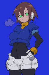 Rule 34 | 1girl, absurdres, aile (mega man zx), black bodysuit, blue background, blush, bodysuit, bodysuit under clothes, brown hair, buzzlyears, cropped jacket, glowing, glowing eyes, green eyes, highres, mega man (series), mega man zx, robot ears, short hair, shorts, simple background, solo, upper body, white shorts
