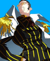 Rule 34 | 1boy, 2024, absurdres, black hair, black suit, blue background, borsalino (kizaru), coat, coat on shoulders, dated, epaulettes, eyes visible through eyewear, facial hair, formal, goatee, hand in pocket, highres, kinako (marubotan), male focus, mustache, one piece, short hair, smile, solo, striped clothes, suit, sunglasses, upper body, vertical-striped clothes, white coat