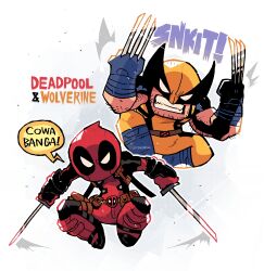 Rule 34 | 2boys, absurdres, angry, belt, blue footwear, blue gloves, bodysuit, book, boots, brown belt, claws, clenched teeth, deadpool, deadpool &amp; wolverine, deadpool (series), dual wielding, english text, gloves, grey eyes, highres, holding, holding sword, holding weapon, katana, looking at another, male focus, manga (object), manly, marvel, marvel cinematic universe, mask, multiple boys, muscular, muscular male, nose, parody, rariatto (ganguri), reading, red bodysuit, red footwear, red gloves, red mask, simple background, solo, solo focus, spandex, superhero, sword, teeth, thigh strap, weapon, white background, wolverine, x-men, yellow bodysuit