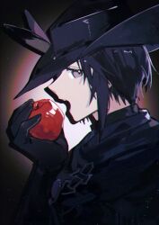 Rule 34 | 1girl, androgynous, apple, black background, black gloves, black hair, black hat, commentary, drop shadow, eating, elbow gloves, expressionless, final fantasy, final fantasy xiv, food, from side, fruit, gloves, grey eyes, hat, holding, holding food, holding fruit, looking at viewer, open mouth, portrait, profile, reaper (final fantasy), reverse trap, rirene rn, searchlight, short hair, sideways glance, solo, symbol-only commentary, tricorne, zero (ff14)