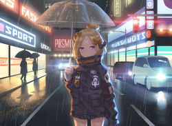 Rule 34 | 1girl, abigail williams (fate), abigail williams (traveling outfit) (fate), black bow, black jacket, blonde hair, bow, car, closed mouth, commentary, crossed bandaids, english commentary, fate/grand order, fate (series), hair bow, hair bun, heroic spirit traveling outfit, holding, holding umbrella, jacket, long hair, long sleeves, looking at viewer, motor vehicle, multiple hair bows, neon lights, night, official alternate costume, orange bow, outdoors, parted bangs, polka dot, polka dot bow, purple eyes, rain, road, single hair bun, sleeves past fingers, sleeves past wrists, solo focus, standing, star (symbol), street, transparent, transparent umbrella, umbrella, yaxiya