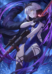 Rule 34 | 1girl, artoria pendragon (alter swimsuit rider) (fate), artoria pendragon (alter swimsuit rider) (third ascension) (fate), artoria pendragon (fate), bare shoulders, black gloves, black jacket, black thighhighs, blue dress, braid, breasts, closed mouth, clothing cutout, collarbone, commentary request, dress, excalibur morgan (fate), fate/grand order, fate (series), french braid, gloves, gun, hair between eyes, hair bun, highres, hip focus, jacket, jacket on shoulders, long hair, mashuu (neko no oyashiro), navel, navel cutout, night, night sky, open clothes, open jacket, pale skin, rifle, sidelocks, single hair bun, sky, small breasts, smile, solo, sword, thighhighs, thighs, tiara, water, weapon, yellow eyes