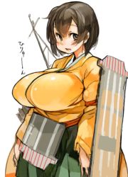 Rule 34 | 10s, 1girl, arrow (projectile), blush, breasts, brown eyes, brown hair, flight deck, green skirt, hiryuu (kancolle), huge breasts, japanese clothes, kantai collection, long sleeves, open mouth, perky breasts, sachito, short hair, simple background, skirt, solo, white background