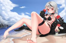 Rule 34 | 1girl, absurdres, asheng 1209, beach, belt collar, bikini, bikini skirt, black bikini, black collar, black hair, black jacket, black nails, black skirt, blue sky, braid, breasts, cleavage, cloud, collar, commentary request, frilled skirt, frills, grey hair, highres, hololive, jacket, large breasts, looking at viewer, medium hair, multicolored hair, nail polish, red eyes, sakamata chloe, single braid, skirt, sky, streaked hair, stuffed animal, stuffed toy, swimsuit, thigh strap, virtual youtuber, water