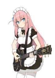 Rule 34 | 1girl, absurdres, alternate costume, arescr, artist name, blue eyes, bocchi the rock!, breasts, gotoh hitori, guitar, highres, instrument, light blush, looking at viewer, maid, maid headdress, medium breasts, pink hair, serious, thighhighs, white thighhighs