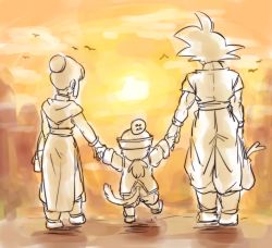 Rule 34 | 1girl, 2boys, back turned, bag, bird, boots, chi-chi (dragon ball), child, chinese clothes, cloud, couple, dougi, dragon ball, dragon ball (object), dragonball z, family, father and son, food, fruit, greyscale, hat, holding hands, monochrome, mother and son, multiple boys, orange (fruit), short hair, sky, son gohan, son goku, sunlight, sunset, tail, tkgsize, vegetable, walking