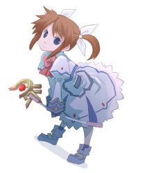 Rule 34 | 00s, 1girl, blue eyes, bow, bowtie, brown hair, dress, gloves, hair ribbon, holding, leaning forward, looking at viewer, lyrical nanoha, magazine (weapon), mahou shoujo lyrical nanoha, raising heart, raising heart (accel mode), ribbon, shoes, short twintails, smile, socks, solo, standing, takamachi nanoha, takamachi nanoha (sacred mode), twintails, uni mate, white background, white dress