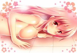 Rule 34 | 1girl, breast press, breasts, eyebrows, flower, heart, heart-shaped pupils, medium breasts, megurine luka, no bra, nude, pink eyes, pink hair, solo, source request, symbol-shaped pupils, tile floor, tiles, upper body, urara (sumairuclover), vocaloid