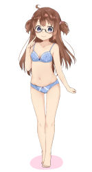 Rule 34 | 1girl, absurdres, ahoge, bare arms, bare legs, bare shoulders, barefoot, black-framed eyewear, blue bra, blue eyes, blue panties, blush, bow, bow bra, bow panties, bra, breasts, brown hair, closed mouth, collarbone, commentary request, fingernails, full body, highres, long hair, looking at viewer, navel, original, panties, sekira ame, semi-rimless eyewear, small breasts, smile, solo, standing, toenails, two side up, under-rim eyewear, underwear, underwear only, very long hair, white background