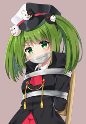 Rule 34 | 1girl, arms behind back, black coat, blush, breasts, brown background, chair, coat, collared shirt, commentary, commission, danganronpa (series), danganronpa another episode: ultra despair girls, folding chair, gag, green eyes, green hair, hat, head tilt, ikazu401, improvised gag, long hair, long sleeves, looking at viewer, monokuma, peaked cap, restrained, scowl, shirt, sidelocks, simple background, sitting, small breasts, solo, tape, tape gag, tassel, towa monaca, undershirt, upper body, v-shaped eyebrows, white shirt, wing collar