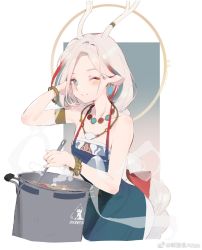 Rule 34 | 1girl, ;), a deer of nine colors, alternate costume, alternate hairstyle, animal ears, antlers, apron, arknights, arm up, armlet, artist name, bare shoulders, blue eyes, blue hair, blush, bracelet, braid, chinese commentary, closed mouth, collarbone, commentary request, cooking, cowboy shot, earrings, forehead, gradient background, green apron, hand in own hair, highres, horns, jewelry, long hair, looking at viewer, multicolored hair, necklace, nine-colored deer, one eye closed, pot, red hair, rhodes island logo (arknights), silver hair, single braid, smile, solo, streaked hair, very long hair, weibo watermark, white background