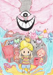 Rule 34 | 3boys, blonde hair, claus (mother 3), colored pencil (medium), cowboy, cowboy hat, cowboy western, empty eyes, flint (mother 3), forest, grin, hat, japanese postal mark, lucas (mother 3), mailbox, male focus, mother (game), mother 3, multiple boys, mushroom, nature, nintendo, okiza yuuri, one-eyed, postbox, salsa (mother), shirt, shorts, smile, striped clothes, striped shirt, tears, traditional media, tree, western