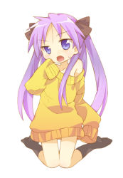 Rule 34 | 00s, 1girl, bare shoulders, blue eyes, blush, bottomless, bow, dress, hiiragi kagami, kneeling, large sweater, long hair, lucky star, oversized clothes, purple hair, ribbon, sleeves past wrists, socks, solo, sweater, sweater dress, tachitsu teto, twintails