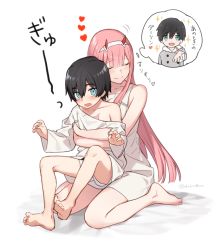 Rule 34 | 1boy, 1girl, 1koma, aged down, bare shoulders, black hair, blue eyes, blush, child, closed eyes, coat, collarbone, comic, couple, darling in the franxx, fur coat, fur trim, grey coat, hair ornament, hairband, hand up, hands up, heart, hetero, hiro (darling in the franxx), horns, hug, hug from behind, leg up, long coat, long hair, long sleeves, looking at viewer, nightgown, oni horns, pajamas, pink hair, red horns, scar, scar on chest, shirt, shorts, sitting, sitting on lap, sitting on person, sleeveless, star (symbol), thought bubble, toma (norishio), translated, white hairband, white nightgown, white pajamas, white shirt, white shorts, winter clothes, winter coat, zero two (darling in the franxx)