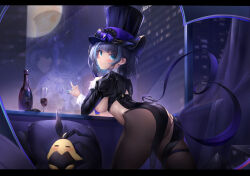 Rule 34 | 1girl, ass, azur lane, black hair, black hat, blue eyes, blush, bow, breast curtains, breasts, brs (33143752), cheshire (azur lane), cheshire (the cat in the magic hat) (azur lane), hat, highres, large breasts, long sleeves, looking at viewer, manjuu (azur lane), meme attire, multicolored hair, official alternate costume, pantyhose, reverse bunnysuit, reverse outfit, ribbon, see-through, short hair, smile, solo, top hat