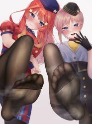Rule 34 | 2girls, absurdres, blue eyes, blush, feet, gloves, go-toubun no hanayome, hat, highres, long hair, looking at viewer, multiple girls, nakano ichika, nakano itsuki, open mouth, orange hair, pantyhose, parted lips, pink hair, short hair, smell, soles, steam, steaming body, toes