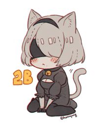 Rule 34 | 1girl, :&lt;, animal ears, artist name, black blindfold, black thighhighs, blindfold, breasts, cat ears, cat girl, cat tail, character name, cleavage, cleavage cutout, clothing cutout, covered eyes, feather-trimmed sleeves, full body, hairband, hn (artist), nier (series), nier:automata, short hair, simple background, sitting, solo, tail, thighhighs, wariza, white background, 2b (nier:automata)