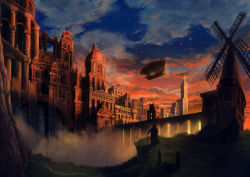 Rule 34 | absurdres, aircraft, androgynous, arch, architecture, blue sky, bridge, cane, cliff, cloud, cloudy sky, column, dirigible, dusk, fantasy, field, fog, fortress, full body, gender request, highres, light rays, looking afar, nature, orange sky, original, outdoors, perspective, pillar, plant, sana dn, scenery, sky, solo, standing, star (sky), very wide shot, windmill