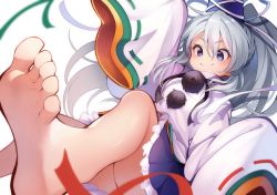 Rule 34 | 1girl, artist name, barefoot, blue eyes, blue hat, blue skirt, chikuwa savy, feet, foot focus, frilled skirt, frills, grey hair, hat, highres, japanese clothes, kariginu, legs, long hair, looking at viewer, mononobe no futo, pom pom (clothes), ribbon-trimmed sleeves, ribbon trim, simple background, skirt, sleeves past fingers, sleeves past wrists, smile, soles, solo, tate eboshi, touhou, twitter username, white background, wide sleeves