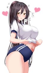Rule 34 | 1girl, arched back, bad id, bad twitter id, black hair, blue buruma, breasts, buruma, clothes lift, commentary request, cowboy shot, gym uniform, heart, highres, idolmaster, idolmaster shiny colors, large breasts, lifted by self, looking at viewer, midriff, navel, ponytail, ponytail korosuke, shirase sakuya, shirt, shirt lift, simple background, solo, stomach, striped, translation request, vertical stripes, white background, white shirt, yellow eyes