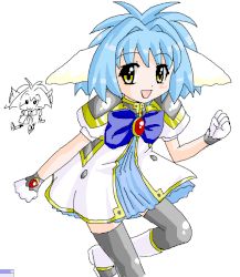 Rule 34 | 00s, 1girl, aliasing, animal ears, blue hair, blush, blush stickers, galaxy angel, gloves, green eyes, mint blancmanche, open mouth, puffy sleeves, short hair, simple background, smile, solo, tagme, thighhighs, white background, yellow eyes