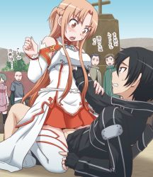 Rule 34 | 10s, 2girls, 4boys, armor, asuna (sao), black hair, blush, bottomless, brown eyes, brown hair, clothed sex, coat, detached sleeves, gachon jirou, grey eyes, groping, hand under clothes, hetero, kirito, long hair, multiple boys, multiple girls, open mouth, pleated skirt, public indecency, sex, sitting, sitting on person, skirt, sweatdrop, sword art online, text focus, thighhighs, white armor, white thighhighs