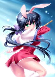 Rule 34 | 1girl, animal ears, ass, blue background, blue hair, bow, capelet, commentary request, dress, eyelashes, fake animal ears, fighting stance, floating hair, from behind, green eyes, hair between eyes, hair bow, hairband, holding, holding sword, holding weapon, incoming attack, kanon, kawasumi mai, light blush, long hair, long sleeves, looking at viewer, looking back, low ponytail, parted lips, purple bow, rabbit ears, red dress, school uniform, short dress, sidelighting, simple background, socks, solo, sparkle, standing, standing on one leg, straight hair, sword, thighs, very long hair, weapon, white capelet, white hairband, white socks, zen (kamuro)