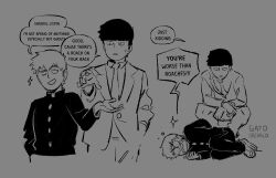 Rule 34 | 2boys, age switch, aged down, aged up, artist name, buttons, comic, commentary, english commentary, english text, formal, gakuran, gatoiberico, grey background, greyscale, hand in pocket, highres, jacket, kageyama shigeo, long sleeves, looking at another, lying, male focus, mob psycho 100, monochrome, multiple boys, necktie, on side, one eye closed, open mouth, pants, reigen arataka, school uniform, shoes, short hair, simple background, speech bubble, squatting, suit, trolling