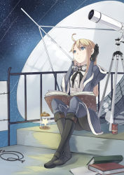 Rule 34 | 1girl, ataru (ataru squall), blonde hair, blue eyes, book, boots, cable, can, female focus, full body, gloves, goggles, long hair, looking up, night, night sky, original, outdoors, railing, satellite dish, sitting, sky, solo, star (sky), star (symbol), starry sky, telescope