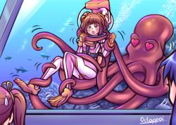 Rule 34 | 3girls, :o, absurdres, blue eyes, bodysuit, bubble, commission, diving helmet, diving suit, fish, flippers, full body, heart, heart-shaped eyes, helmet, highres, idolmaster, idolmaster (classic), md5 mismatch, multiple girls, octopus, open mouth, orange hair, resolution mismatch, restrained, source smaller, sweatdrop, takatsuki yayoi, tentacles, thaumana, twintails, underwater, wetsuit