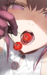 Rule 34 | 1girl, absurdres, cherry, close-up, collared shirt, commentary, eating, film grain, food, from above, fruit, gloves, hidulume, highres, holding, holding food, honkai: star rail, honkai (series), kafka (honkai: star rail), looking at viewer, open mouth, pink eyes, pink gloves, pink hair, shirt, solo, teeth, white shirt