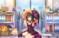 Rule 34 | 1girl, black hair, book, boots, box, breasts, cleavage, game cg, halloween, halloween costume, hat, idolmaster, idolmaster cinderella girls, idolmaster cinderella girls starlight stage, kohinata miho, medium breasts, official art, open mouth, pumpkin, sitting, solo, star (symbol), window, witch hat, yellow eyes