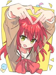 Rule 34 | 1girl, :d, arms up, bocchi the rock!, border, bow, bowtie, brown cardigan, cardigan, commentary, cube hair ornament, dot nose, floating hair, gotoh hitori, hair between eyes, hair ornament, happy, heart, heart hands, highres, kita ikuyo, light blush, long hair, long sleeves, looking at viewer, one side up, open mouth, red bow, red bowtie, red hair, school uniform, shuka high school uniform, simple background, sinpasinsy, sleeve cuffs, smile, solo, standing, through medium, two-tone background, white border, yellow background