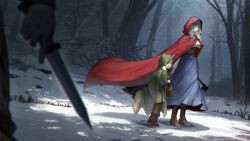 Rule 34 | 1girl, 2others, animal ears, axe, basket, child, corset, dagger, fantasy, forest, green hood, grey hair, highres, hirokima, holding, holding axe, holding dagger, holding knife, holding weapon, knife, long hair, multiple others, nature, original, red hood, skirt, snow, weapon