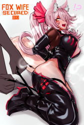 Rule 34 | !?, 1girl, absurdres, animal ear fluff, animal ears, arms behind back, bdsm, belt, bondage, bound, bound wrists, breasts, commentary, ehrrr, english commentary, english text, eyes visible through hair, fate/grand order, fate (series), fox ears, fox girl, fox tail, hair over one eye, hair ribbon, high heels, highres, koyanskaya (assassin) (first ascension) (fate), koyanskaya (fate), large breasts, long hair, lying, on side, one eye covered, open mouth, pink hair, pink ribbon, ponytail, remote control vibrator, restrained, ribbon, sex toy, solo focus, steaming body, tail, trembling, twitter username, vibrator, vibrator under clothes, yellow eyes
