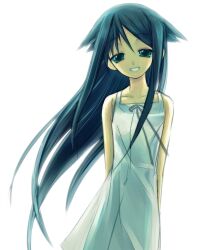 1girl absurdres arms_behind_back blue_eyes blue_hair commentary dress grin hair_flaps half-closed_eyes hashtag-only_commentary highres long_hair looking_at_viewer ribbon saya_(saya_no_uta) saya_no_uta sleeveless sleeveless_dress smile solo tako3000 very_long_hair