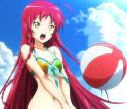 Rule 34 | 1girl, anime screencap, breasts, cloud, hataraku maou-sama!, open mouth, red hair, screencap, solo, stitched, swimsuit, third-party edit, yusa emi